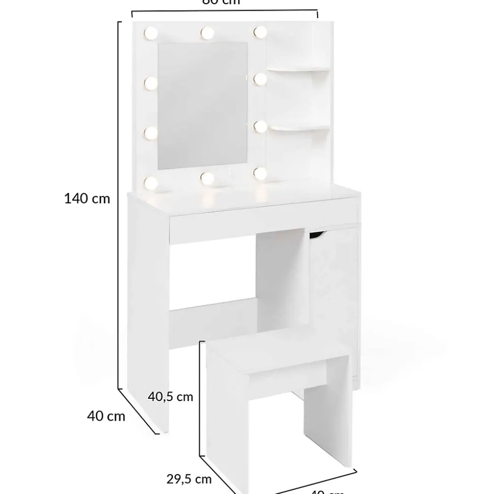 Coiffeuse ZELIA miroir LED avec 1 tiroir, étagères, caisson de rangement et tabouret