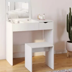 Coiffeuse ZELIA miroir rabattable avec 1 tiroir et 1 tabouret