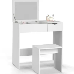Coiffeuse ZELIA miroir rabattable avec 1 tiroir et 1 tabouret