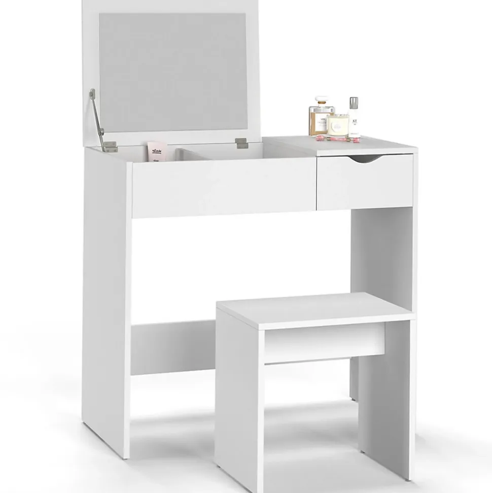 Coiffeuse ZELIA miroir rabattable avec 1 tiroir et 1 tabouret