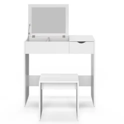 Coiffeuse ZELIA miroir rabattable avec 1 tiroir et 1 tabouret