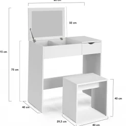 Coiffeuse ZELIA miroir rabattable avec 1 tiroir et 1 tabouret