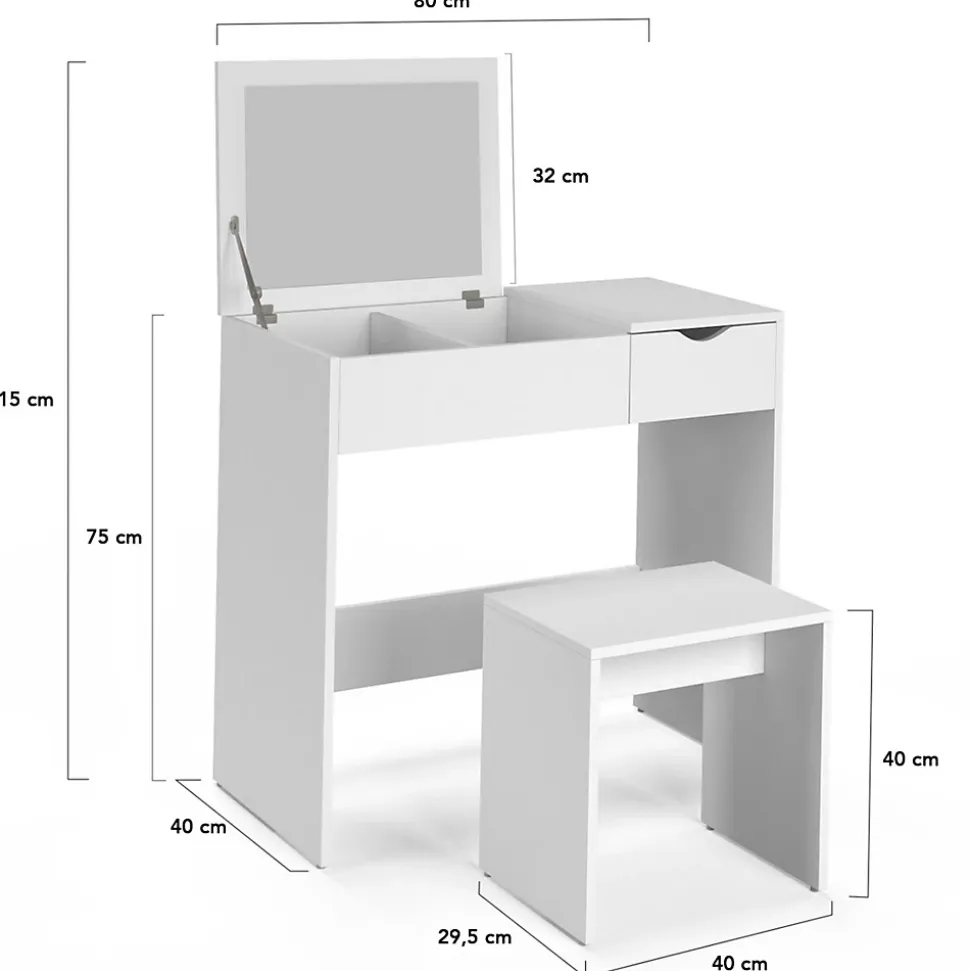 Coiffeuse ZELIA miroir rabattable avec 1 tiroir et 1 tabouret