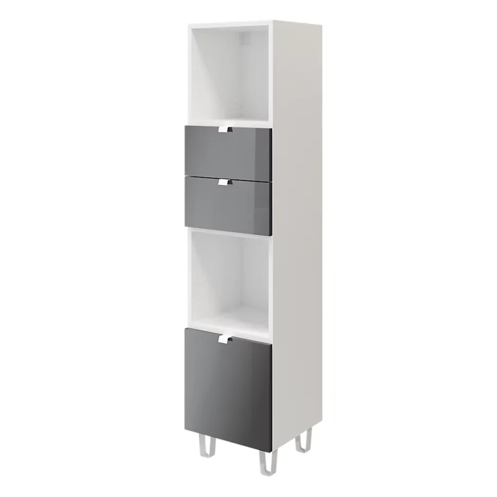 Colonne de rangement blanche sur pieds avec tiroirs et porte anthracite brillant GoodHome Atomia H. 161 x L. 37,5 x P. 35 cm