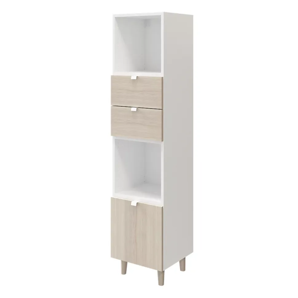 Colonne de rangement blanche sur pieds avec tiroirs et porte effet chêne GoodHome Atomia H. 161 x L. 37,5 x P. 35 cm