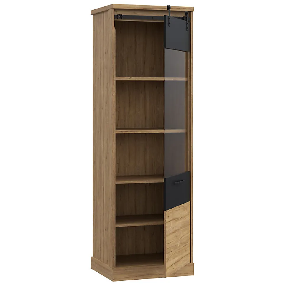 Colonne vitrée 1 porte décor chêne et noir mat éclairage LED - FARM