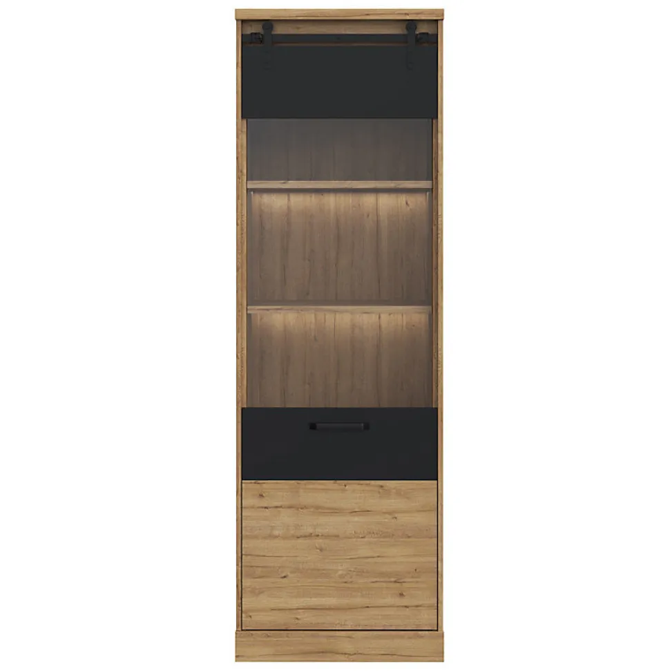 Colonne vitrée 1 porte décor chêne et noir mat éclairage LED - FARM