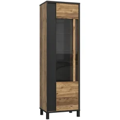Colonne vitrine 1 porte décor bois et noir pieds noir - CELIA