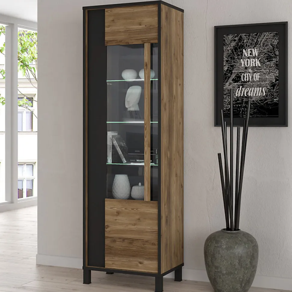Colonne vitrine 1 porte décor bois et noir pieds noir - CELIA
