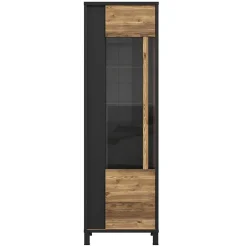 Colonne vitrine 1 porte décor bois et noir pieds noir - CELIA