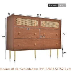 Commode à 6 Tiroirs - Pour Salon et Chambre - Bois Massif et Panneau de Particules avec Pieds Métal - 120 x 40 x 90 cm - Brun