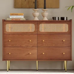 Commode à 6 Tiroirs - Pour Salon et Chambre - Bois Massif et Panneau de Particules avec Pieds Métal - 120 x 40 x 90 cm - Brun