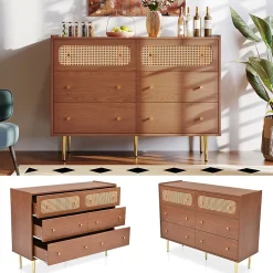 Commode à 6 Tiroirs - Pour Salon et Chambre - Bois Massif et Panneau de Particules avec Pieds Métal - 120 x 40 x 90 cm - Brun