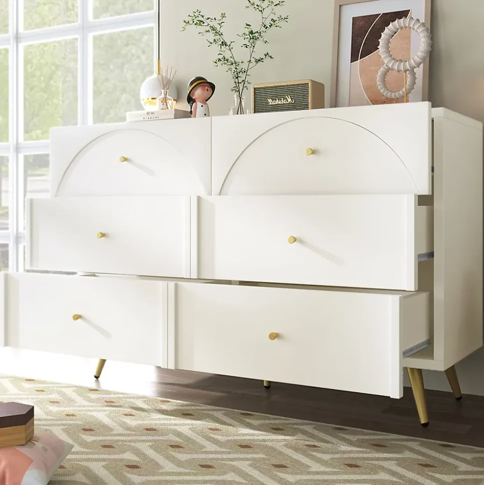 Commode à 6 Tiroirs - Pour Salon et Chambre - Métal et Panneau de Particules - 120 x 40 x 85 cm - Blanc Crème