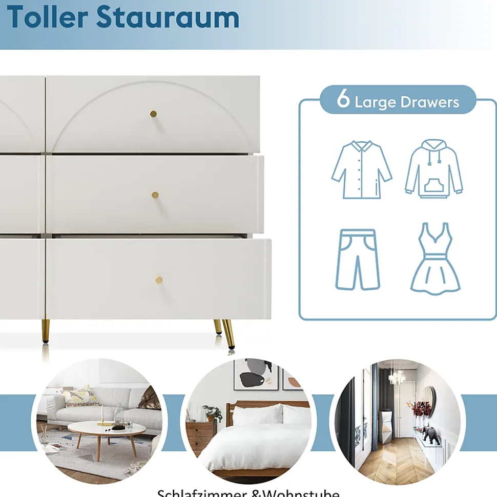 Commode à 6 Tiroirs - Pour Salon et Chambre - Métal et Panneau de Particules - 120 x 40 x 85 cm - Blanc Crème