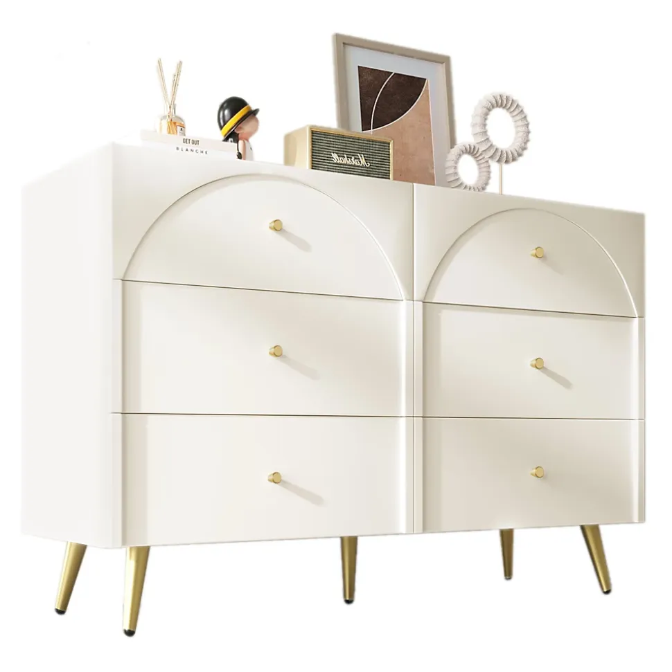 Commode à 6 Tiroirs - Pour Salon et Chambre - Métal et Panneau de Particules - 120 x 40 x 85 cm - Blanc Crème