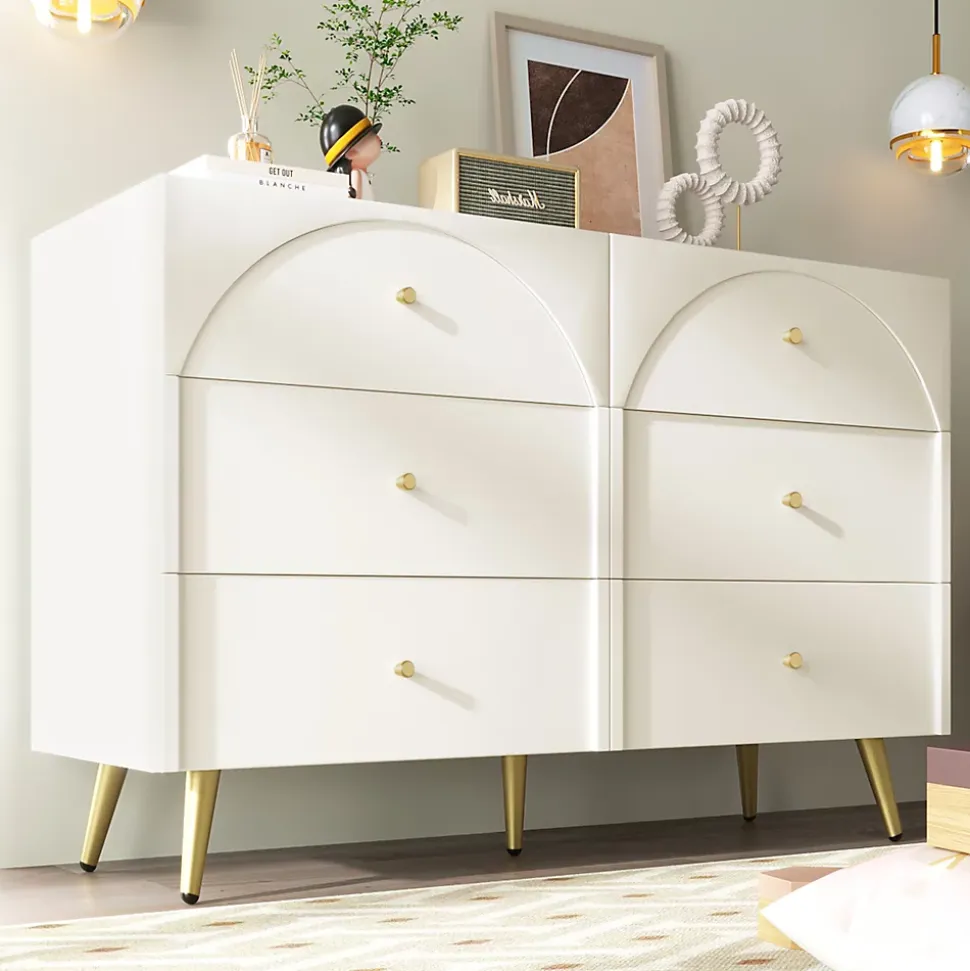 Commode à 6 Tiroirs - Pour Salon et Chambre - Métal et Panneau de Particules - 120 x 40 x 85 cm - Blanc Crème