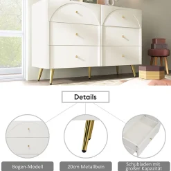 Commode à 6 Tiroirs - Pour Salon et Chambre - Métal et Panneau de Particules - 120 x 40 x 85 cm - Blanc Crème