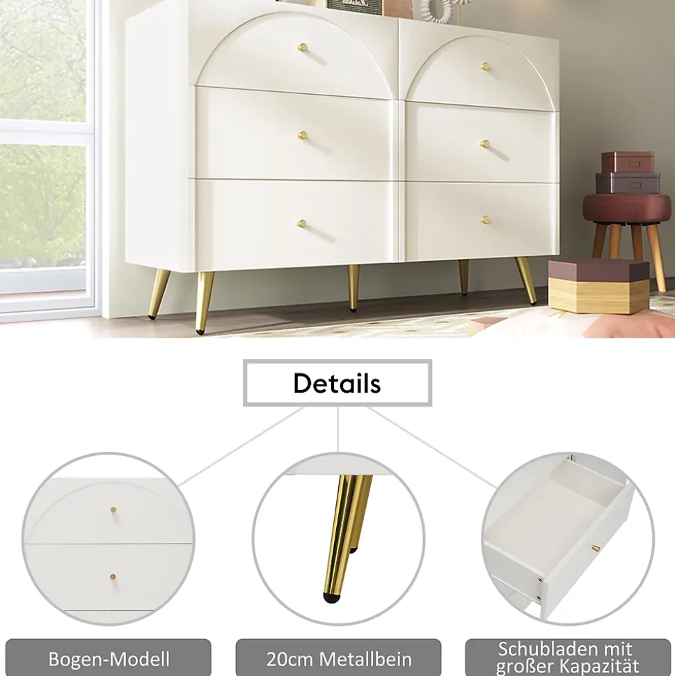 Commode à 6 Tiroirs - Pour Salon et Chambre - Métal et Panneau de Particules - 120 x 40 x 85 cm - Blanc Crème