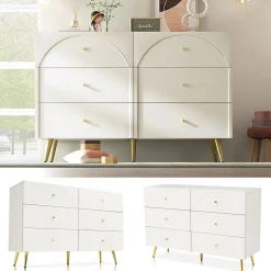 Commode à 6 Tiroirs - Pour Salon et Chambre - Métal et Panneau de Particules - 120 x 40 x 85 cm - Blanc Crème