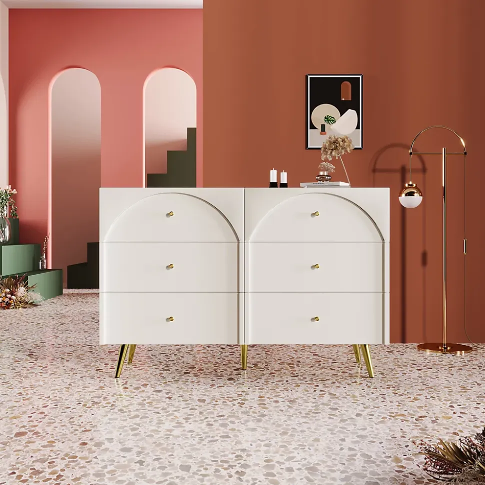 Commode à 6 Tiroirs - Pour Salon et Chambre - Métal et Panneau de Particules - 120 x 40 x 85 cm - Blanc Crème