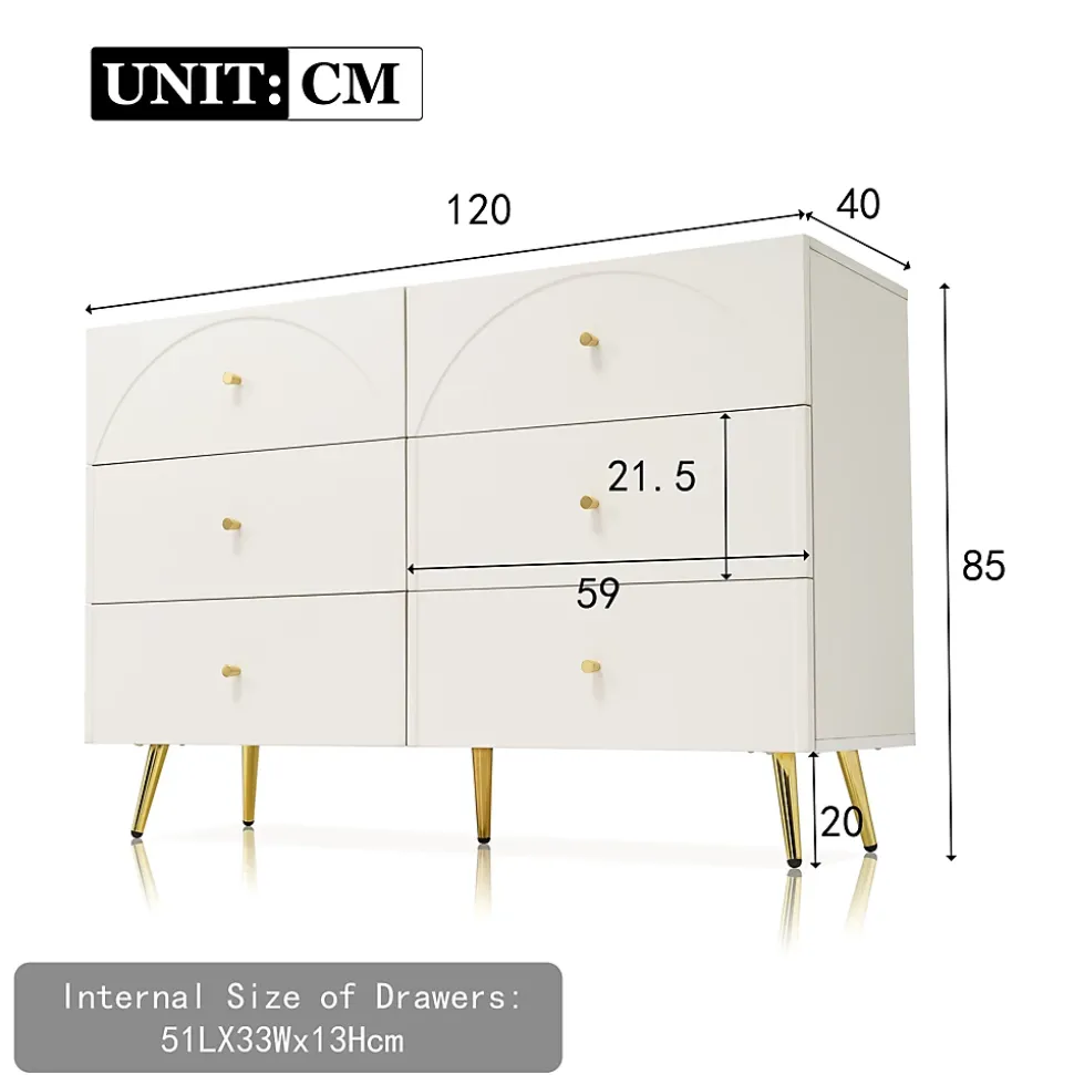Commode à 6 Tiroirs - Pour Salon et Chambre - Métal et Panneau de Particules - 120 x 40 x 85 cm - Blanc Crème