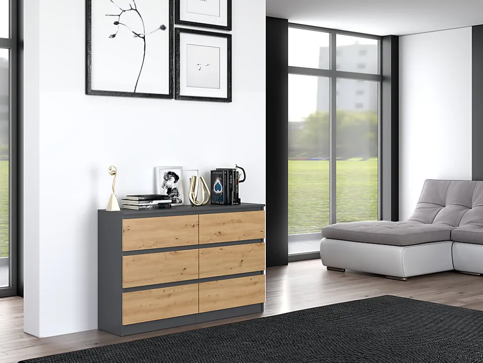 Commode : 6 Tiroirs, Anthracite/artisan, 30 X 75 X 120 Cm