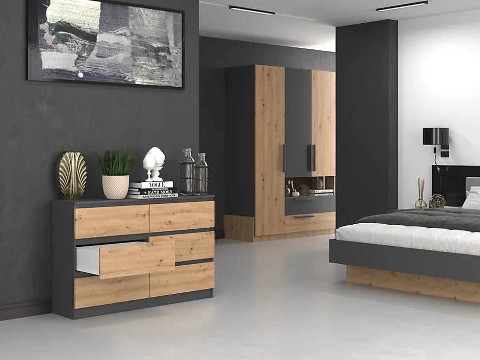 Commode : 6 Tiroirs, Anthracite/artisan, 30 X 75 X 120 Cm