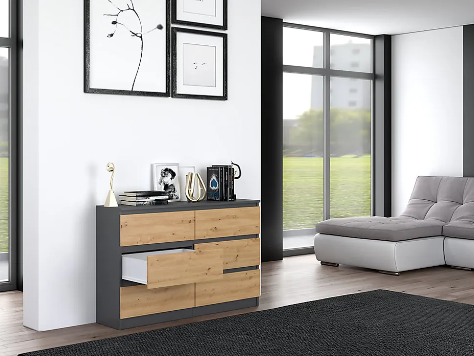 Commode : 6 Tiroirs, Anthracite/artisan, 30 X 75 X 120 Cm