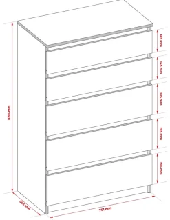 Commode : 5 tiroirs, cachemire, 40 x 109,5 x 70 cm