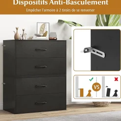 Commode à 2 Tiroirs Empliable Commode de Rangement en Bois avec Dispositifs Anti basculement Armoire de Rangement Noir