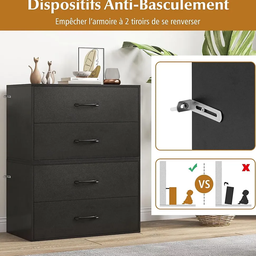 Commode à 2 Tiroirs Empliable Commode de Rangement en Bois avec Dispositifs Anti basculement Armoire de Rangement Noir