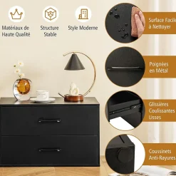 Commode à 2 Tiroirs Empliable Commode de Rangement en Bois avec Dispositifs Anti basculement Armoire de Rangement Noir