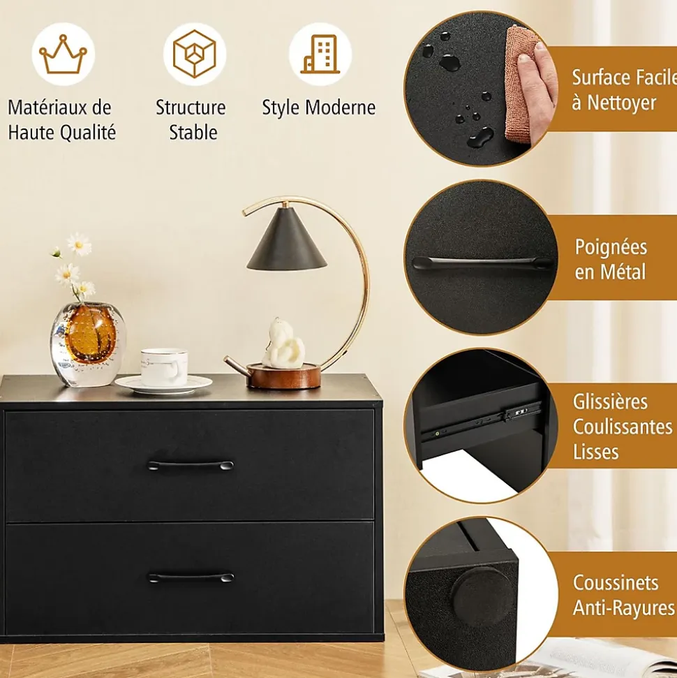 Commode à 2 Tiroirs Empliable Commode de Rangement en Bois avec Dispositifs Anti basculement Armoire de Rangement Noir