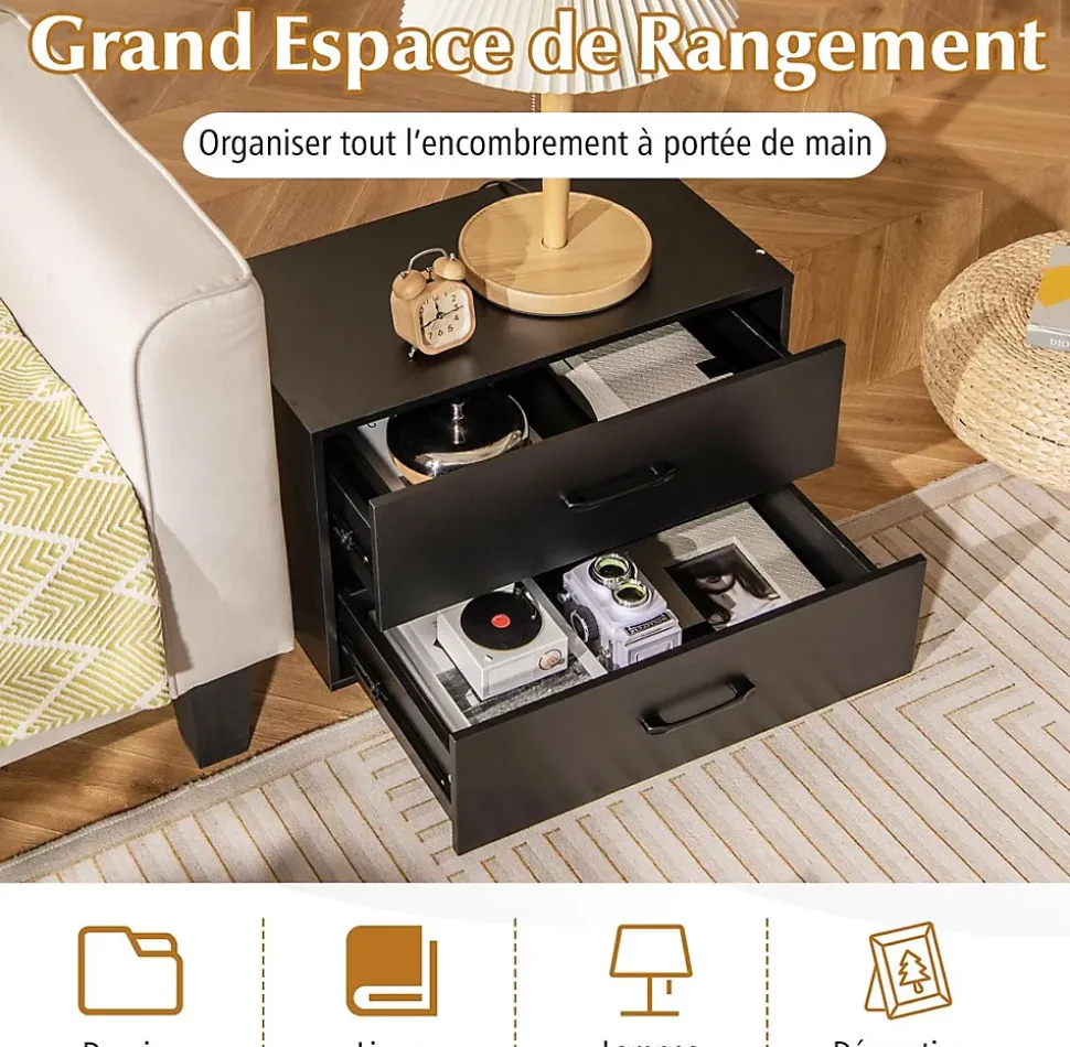Commode à 2 Tiroirs Empliable Commode de Rangement en Bois avec Dispositifs Anti basculement Armoire de Rangement Noir