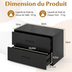 Commode à 2 Tiroirs Empliable Commode de Rangement en Bois avec Dispositifs Anti basculement Armoire de Rangement Noir