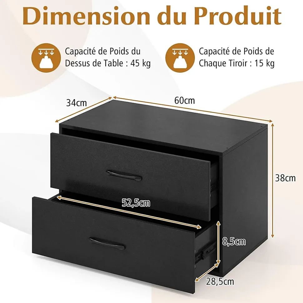 Commode à 2 Tiroirs Empliable Commode de Rangement en Bois avec Dispositifs Anti basculement Armoire de Rangement Noir
