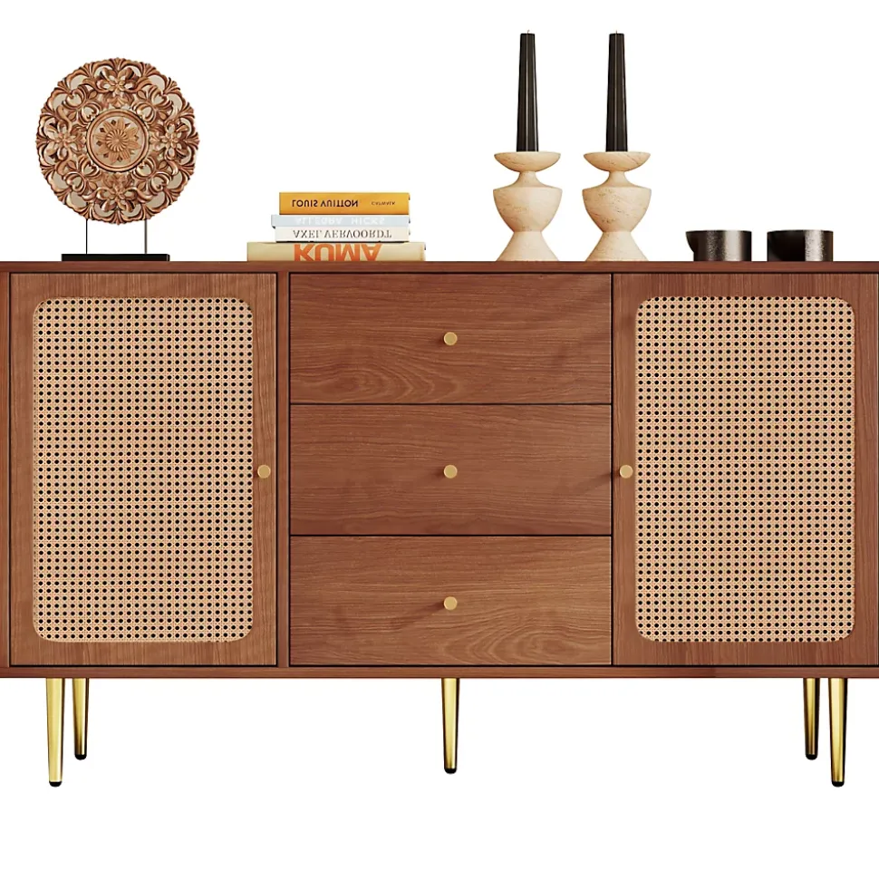 Commode à 3 Tiroirs et 2 Portes avec Étagère Réglable, Bois Massif et Pieds Métal, 150x40x90 cm - Brun