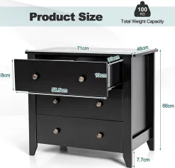 Commode à 3 Tiroirs, Meuble de Rangement 3 Tiroirs,avec Double Poignée,Charge 100 kg, pour Chambre, Salon, 71 x 46 x 66 cm (Noir)