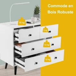 Commode à 4 Tiroirs Meuble de Rangement avec Dispositif Anti basculement 4 Tiroirs en Bois Chambre à Coucher Naturel