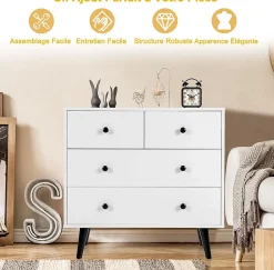 Commode à 4 Tiroirs Meuble de Rangement avec Dispositif Anti basculement 4 Tiroirs en Bois Chambre à Coucher Naturel