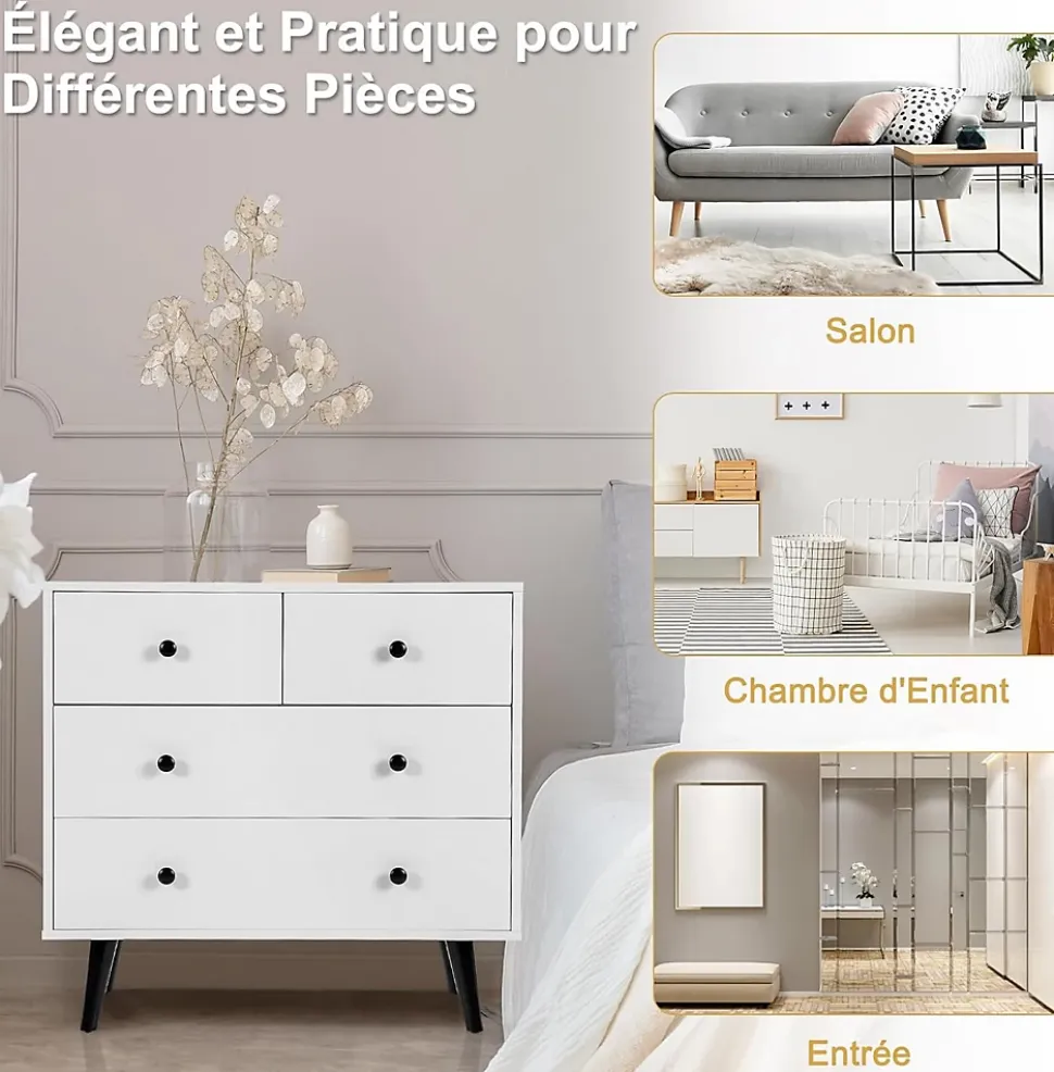 Commode à 4 Tiroirs Meuble de Rangement avec Dispositif Anti basculement 4 Tiroirs en Bois Chambre à Coucher Naturel