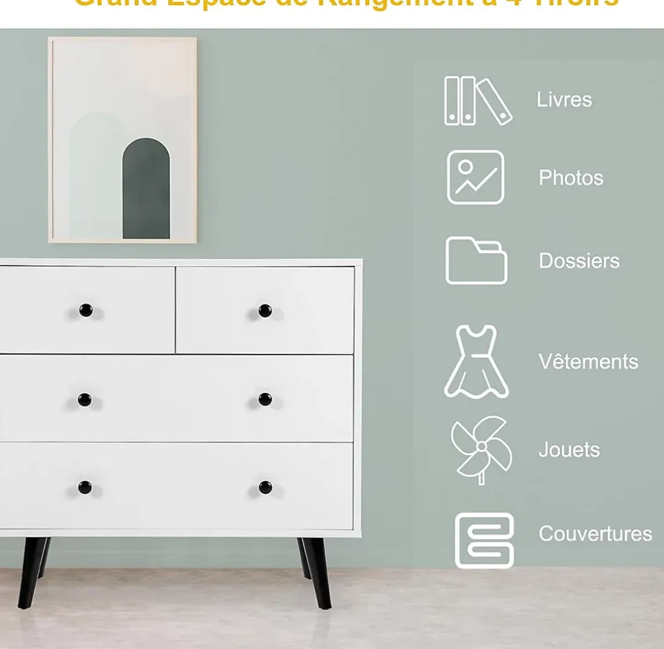 Commode à 4 Tiroirs Meuble de Rangement avec Dispositif Anti basculement 4 Tiroirs en Bois Chambre à Coucher Naturel