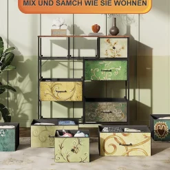 Commode 100 cm, avec 9 tiroirs de rangement, motif vintag, meuble de salon en bois - Multicolore
