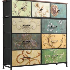 Commode 100 cm, avec 9 tiroirs de rangement, motif vintag, meuble de salon en bois - Multicolore