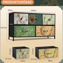 Commode 100 cm, avec 5 tiroirs de rangement, motif vintage - Multicouleur