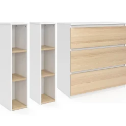 Commode à langer évolutive AMBRE façon hêtre et blanc 3 tiroirs table à langer et 2 étagères amovibles