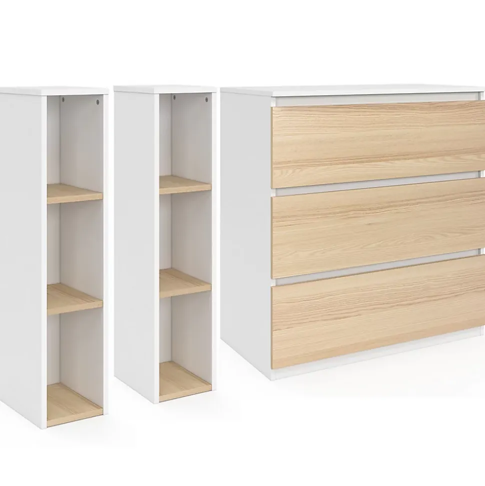 Commode à langer évolutive AMBRE façon hêtre et blanc 3 tiroirs table à langer et 2 étagères amovibles