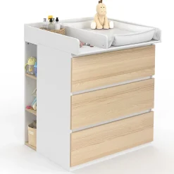 Commode à langer évolutive AMBRE façon hêtre et blanc 3 tiroirs table à langer et 2 étagères amovibles