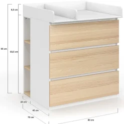 Commode à langer évolutive AMBRE façon hêtre et blanc 3 tiroirs table à langer et 2 étagères amovibles